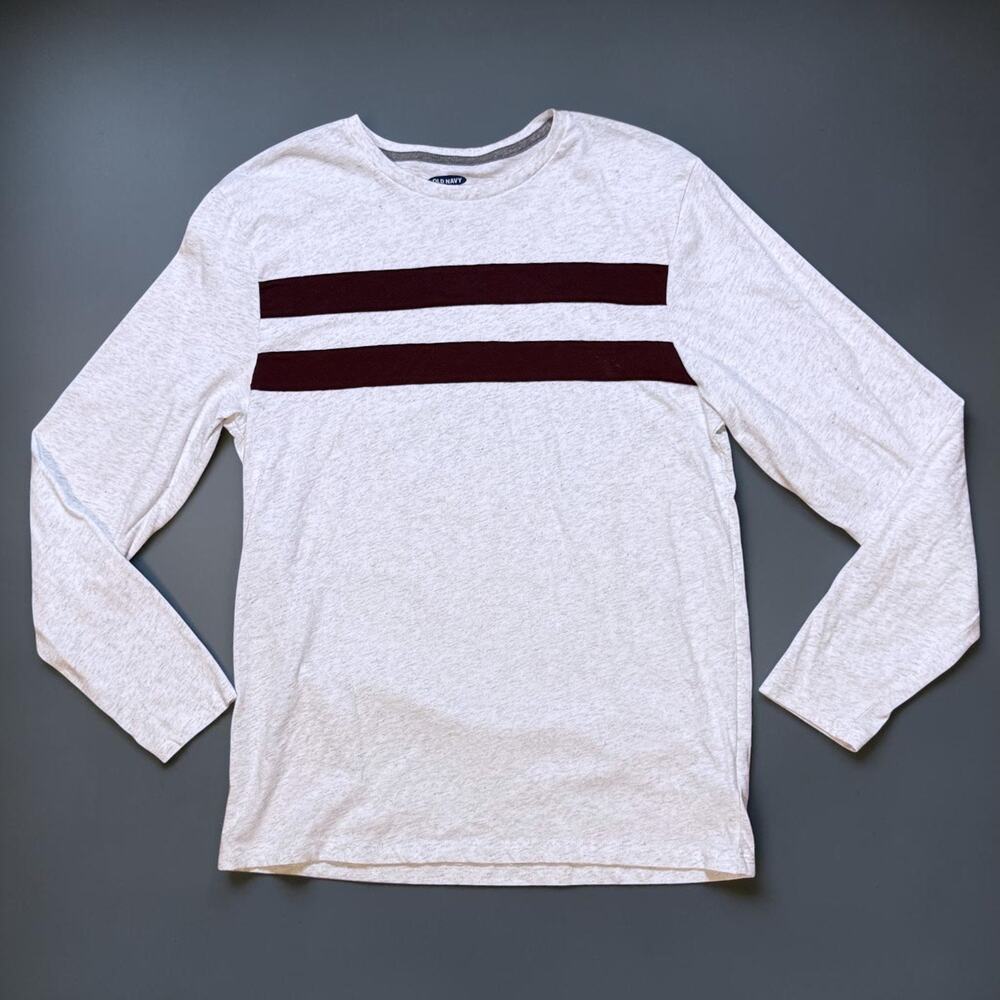Old Navy Maroon Chest-Stripe Crew-Neck Tee in Heather Gray Long Sleeve Sz M